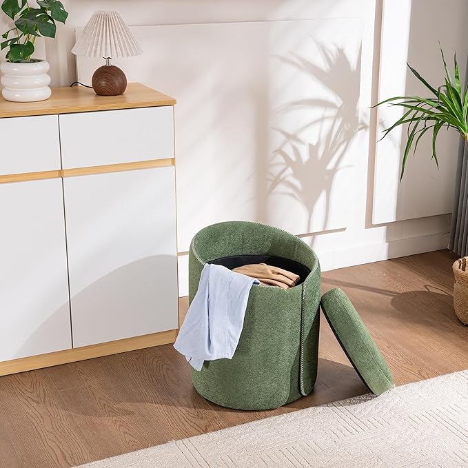 Swivel Vanity Stool with Gold Base Comfy Vanity Chair Modern Round Stool for Makeup Vanity Ottoman Foot Rest for Bedroom livingroom, Green
