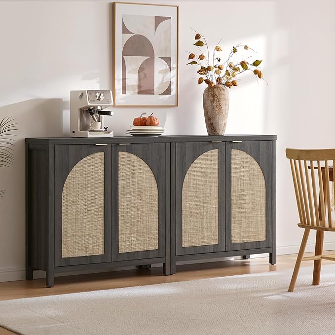 SICOTAS Rattan Sideboard Buffet Cabinet with Storage, Modern Credenza Storage Cabinet with Arch Doors & Adjustable Shelves, Coffee Bar Media Console Cabinets for Kitchen, Living Room, Black Oak
