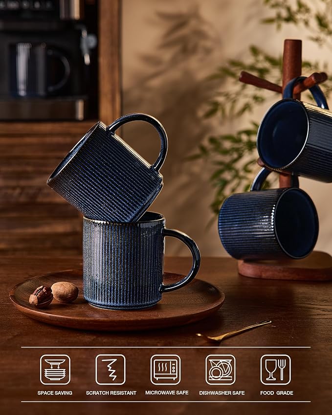 famiware Coffee Mug Set for 4, Star 16 oz Catering Mugs Cup Set with Handle for Coffee, Tea, Cocoa, Milk - Ceramic Stoneware Drinkware Set, Nebulas Blue