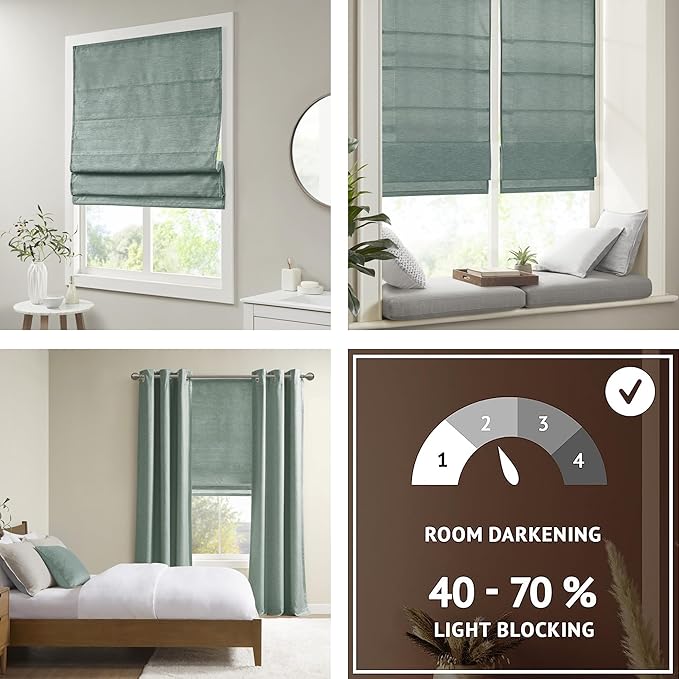Madison Park Cordless Roman Shades Faux Silk Shade with Sheen 1-Panel Privacy, Room Darkening, Energy Efficient, Thermal Insulated Window Blind for Bedroom, Living Room Décor, 39"W x 64"L Como, Green