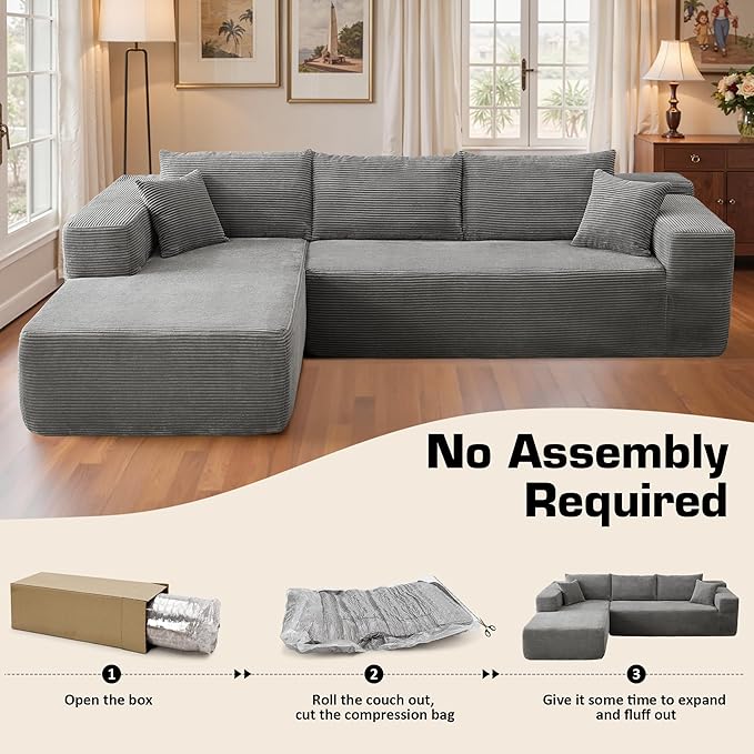106" Cloud Sectional Couch with Chaise Lounge,L Shaped Modular Modern Sofa,Comfy Corduroy Fluffy Couches with Deep Seat,No Assembly Required Couch for Living Room(Left,Stripe Corduroy,Gray)