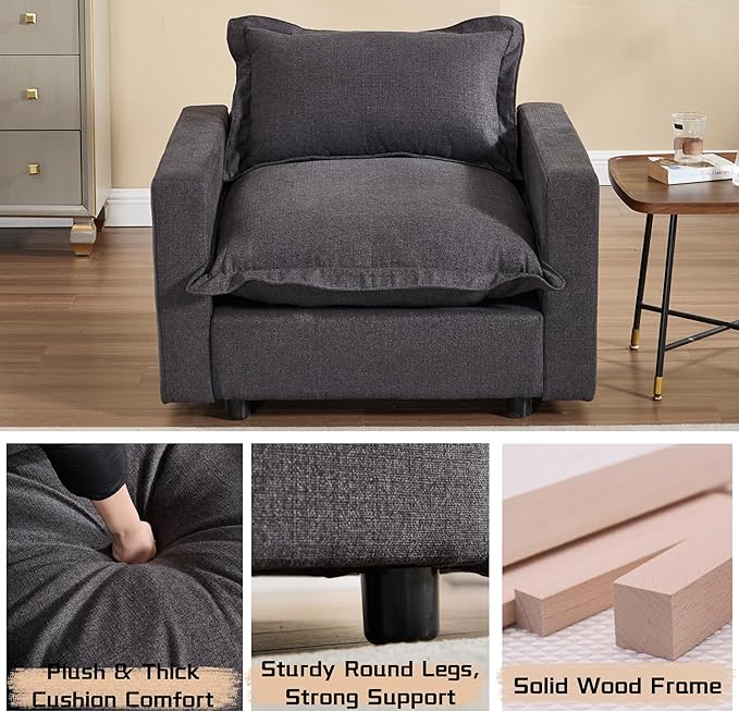 chairus 68" Love Seat Sofa with Ottoman Upholstered Linen Deep Seat Couch with Pillow Modular Oversized Couch Sleeper for Living Room, Bedroom, Reception Room, Apartment, 2-Seater/Black