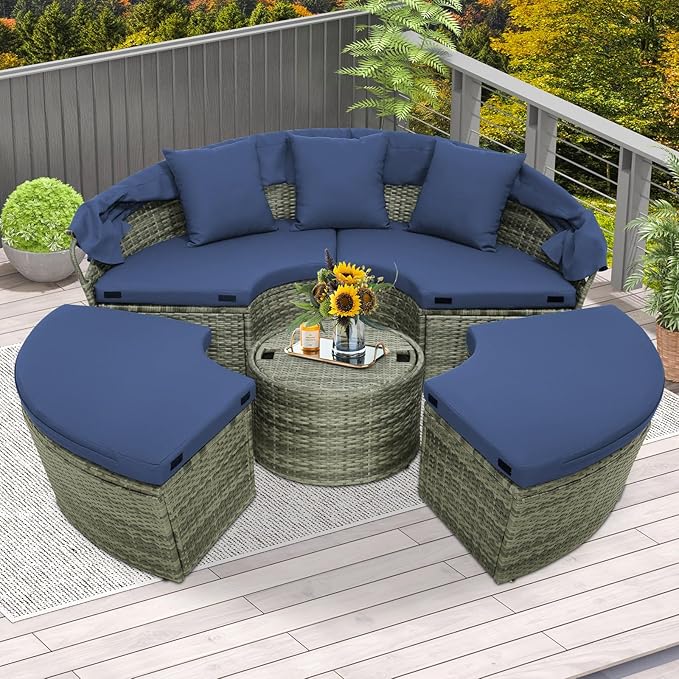 COSTWAY Patio Round Daybed with Retractable Canopy, Wicker Furniture Sectional Couch with Separate Cushioned Seats, Adjustable Table Top, Patio Rattan Daybed Set for Patio, Backyard, Poolside (Navy)