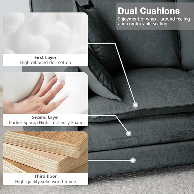 Modular Sectional Sofa, 111.5 Inch L-Shaped Cloud Sofa with Deep Seat Chenille Sofa with Cushions, Three-Self Sectional Sofa for Living Room Apartment,Gray