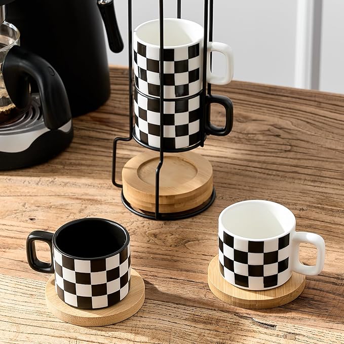 LUKA Ceramic Stackable Black and White Checkered Espresso Cups with Saucers and Metal Stand, 4 Ounce Small Demitasse Cups Set for Coffee Drinks, Latte, Tea - Set of 4