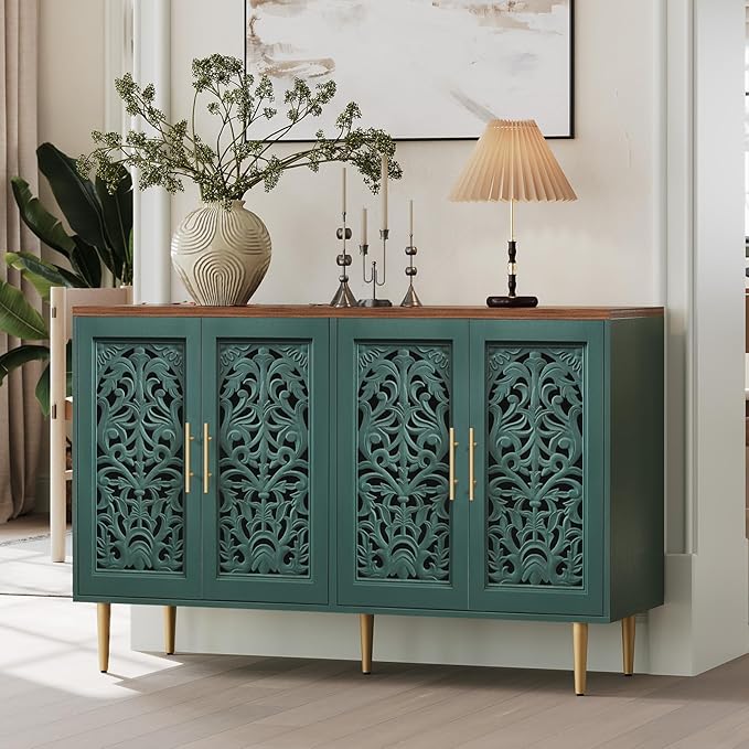 ARTPOWER 47.8" Accent Cabinet with 4 Doors, Vintage Hollow Carving Buffet Cabinet, Sideboards and Buffets with Storage, Credenza for Living Room, Kitchen, Dining Room, Entryway, Hallway, Green