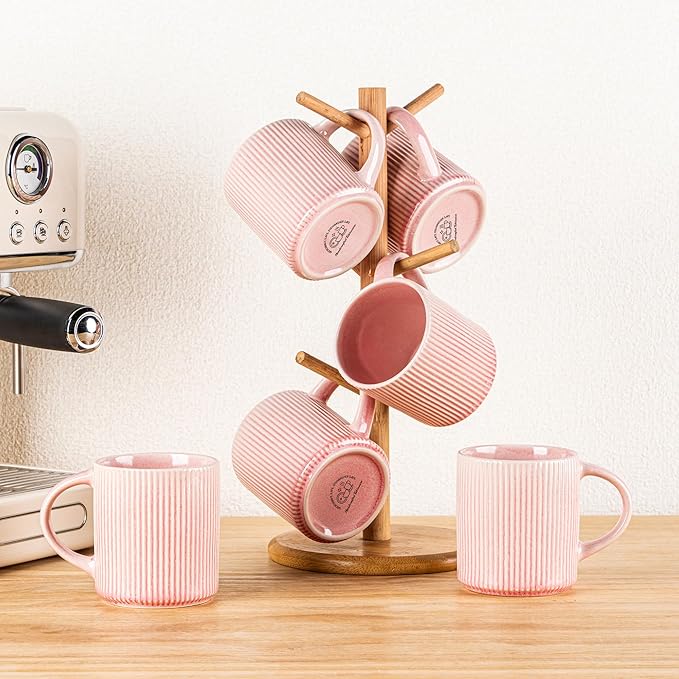 GBHOME 12oz Stoneware Coffee Mugs, Ceramic Coffee Cups with Handle for Man,Woman,Dad,Mom, Modern Coffee Mugs Set of 6 for Latte/Cappuccino/Cocoa/Tea/Cocoa/Milk. Dishwasher&Microwave Safe,Pink
