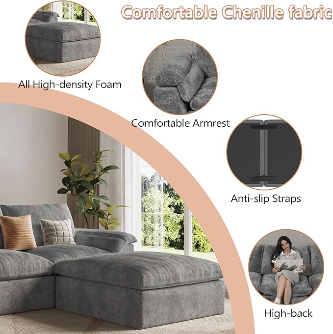 EASE MOOSE Oversized Sectional Cloud Couch for Living Room, L-Shaped Modular Boneless Sofa, Cloud Sofa Set with Fluffy Foam, 4-Seat Deep Comfy Sofa with Ottoman for Bedroom Apartment, Chenille (Grey)
