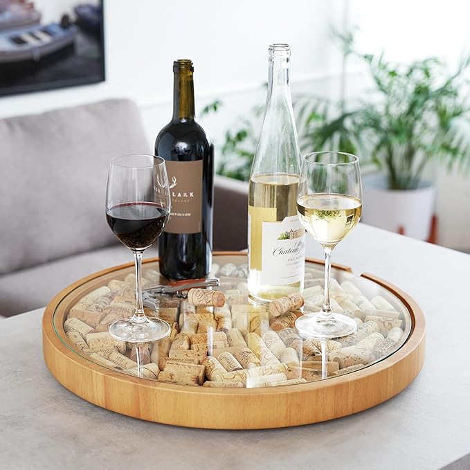 True Wine Cork Collector Lazy Susan Turntable, Wooden and Glass Storage for 130 Corks, Tabletop or Countertop Organization, Set of 1