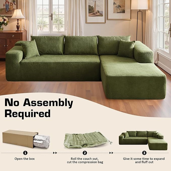 106" Cloud Sectional Couch with Chaise Lounge,L Shaped Modular Modern Sofa,Comfy Velvet Fluffy Couches with Deep Seat,No Assembly Required Couch for Living Room (Right,Cloudy Velvet,Green)