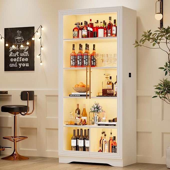 Vlsrka 65" File Cabinet, Filing Cabinets Fit Letter/A4 Size, Storage Cabinet with Doors & Lights, Tall File Bookcase with 2 Adjustable Shelves for Home Office, Living Room, White