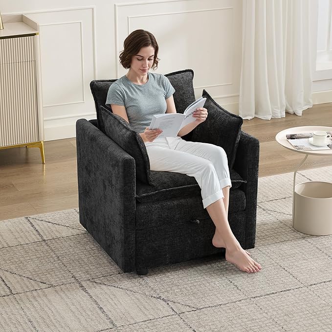30" Cloud Modular Single Sofa Chair with Storage, Modern Upholstered Accent Chair Deep Seat, Chenille Reading Lounge Armchair for Living Room, Bedroom, Small Space, Black
