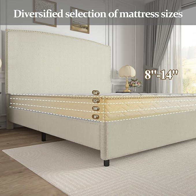 Queen Size Bed Frame with Headboard, 56" Upholstered Platform Bed with Nailhead Trim, Soft Boucle Fabric, No Box Spring Needed, Easy Assembly, Cream