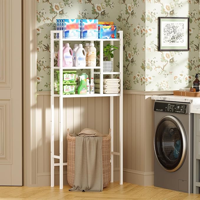 Over The Toilet Storage Rack, 3-Tier Bathroom Organizer Over Toilet, Wooden Above Toilet Storage Shelf, Space Saver, Freestanding BathroomStorage Metal Shelf, Easy to Assemble, White
