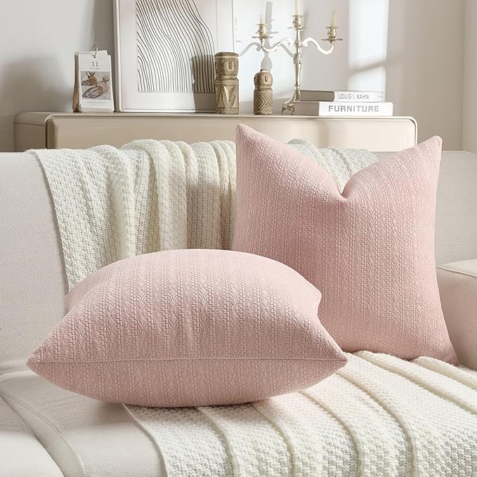 FUTEI Pink Chenille Throw Pillow Covers 24x24 Inch Set of 2,Soft Striped & Diamond Textured European Cushion Cases,Modern Home Decor for Couch Living Room