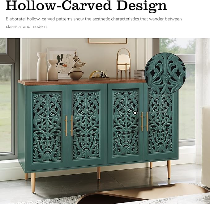 ARTPOWER 47.8" Accent Cabinet with 4 Doors, Vintage Hollow Carving Buffet Cabinet, Sideboards and Buffets with Storage, Credenza for Living Room, Kitchen, Dining Room, Entryway, Hallway, Green