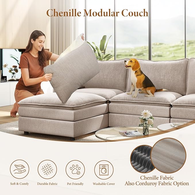 Vesgantti 142" Oversized Sectional Sofa Bed, 8-Seater Modular Sleeper Cloud Couch with Movable Ottoman, Chenille Convertible Sofa Set Deep Seat Couches for Living Room, Bedroom and Apartment, Brown