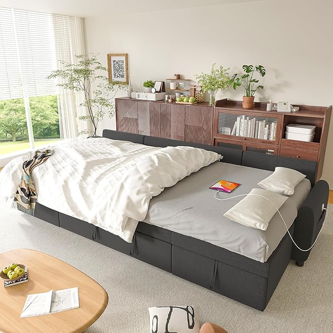 Ucloveria Sleeper Sofa Bed, 112" U Shaped Sectional Sofa Couches for Living Room, Pull Out Couch Bed with Dual Reversible Storage Chaise | Charging Station | Side Pockets | Removable Backrest