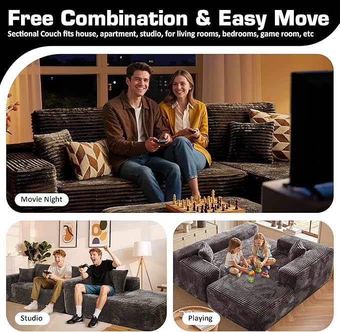 106" Cloud Sectional Couch with L-Shape Chaise & Ottoman, No Assembly Modular Sofa, Deep Seat Plush Corduroy Boneless Couched for Living Room (Gray Plush Corduroy, Right Facing Chaise with Ottoman)