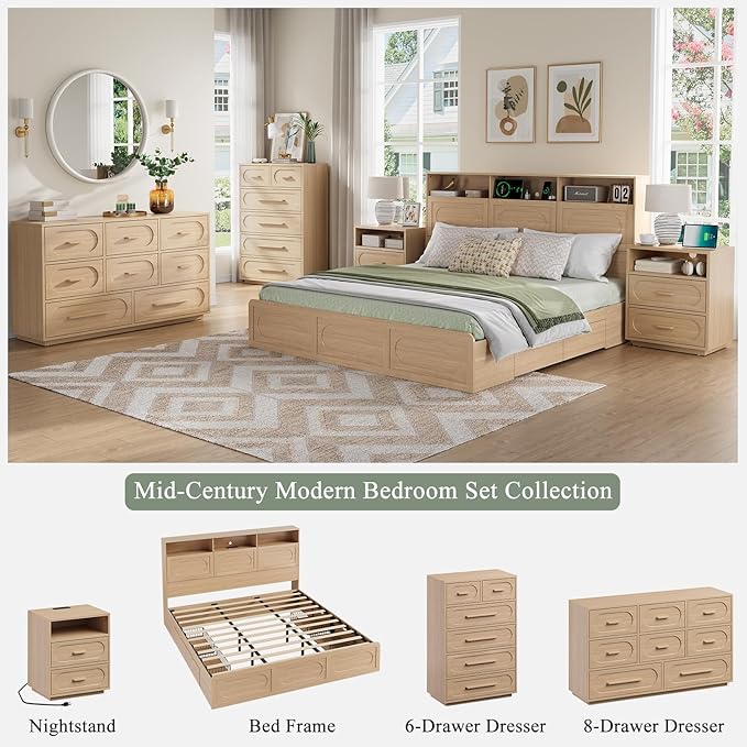 Modern 8 Drawer Dresser for Bedroom, 54" Wide Dressers & Chest of Drawers w/Solid Wood Handle, Wood Mid Century Closet Organizers and Storage Cabinet for Bedroom, Living Room, Hallway, Natural Oak