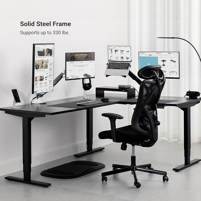 Progressive Desk Stand Up Height Adjustable Standing Desk - L Shaped 85" x 72" Corner Computer Rising Workstation Electric Table - White Frame, Warm White Top