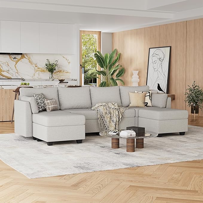 114.17" Modular Sectional Sofa, 6 Seat Sectional Couches with Storage, Memory Foam, Convertible Modular Couch for Living Room, U Shaped Comfy Modular Sofa with Chaise, Light Grey