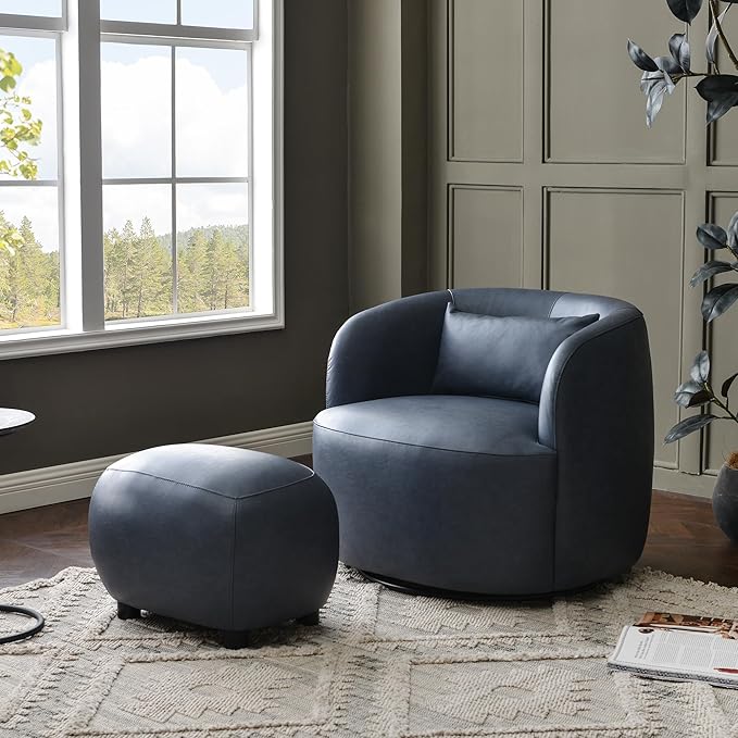 KINWELL 23" Wide Faux Leather Upholstered Ottoman, Mid-Century Modern Living Room Footrest with Soft Padded Seat, Footstool for Bedroom, Entryway or Living Room, Navy