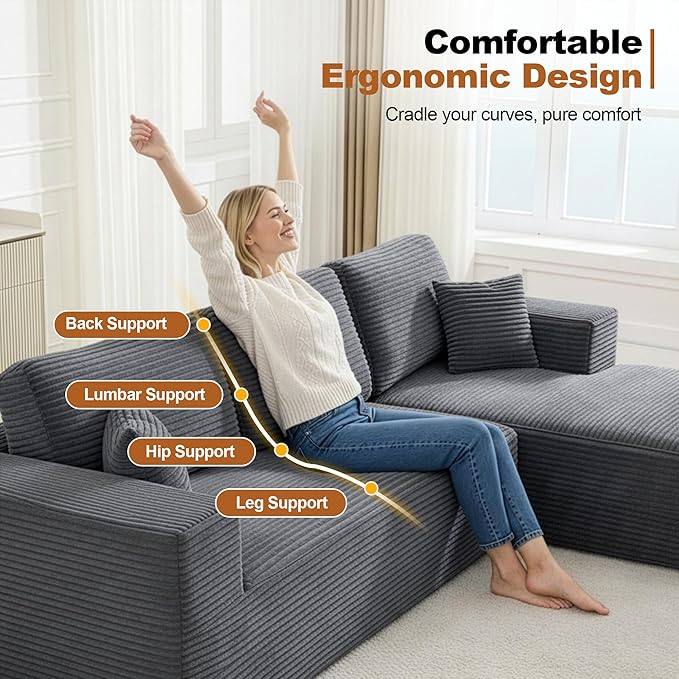 Modular Sectional Cloud Couch for Living Room,Modern Boneless Couche Set with Plush Corduroy,Comfy Floor Sofa with Memory Foam,Stupendous U Shaped Sofa with Chaise,No Assembly Required,Grey