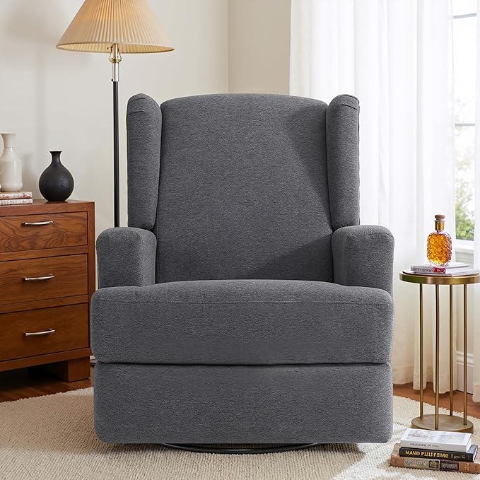 Swivel Glider Recliner Chair for Adults with Deep Seat - High Back Rocker Reclining Accent Chair, Manual Recliner for Living Room & Nursery, Comfortable Upholstered Fabric Armchair-Gray