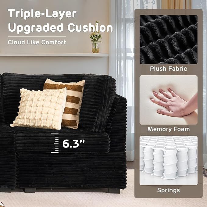 98" Modular Sectional Sofa with Swivel Chairs, Modern Cloud Couch Plush Corduroy 3 Seater Deep Seat Sofas Set & Accent Armchair Set of 2 for Living Room, Black