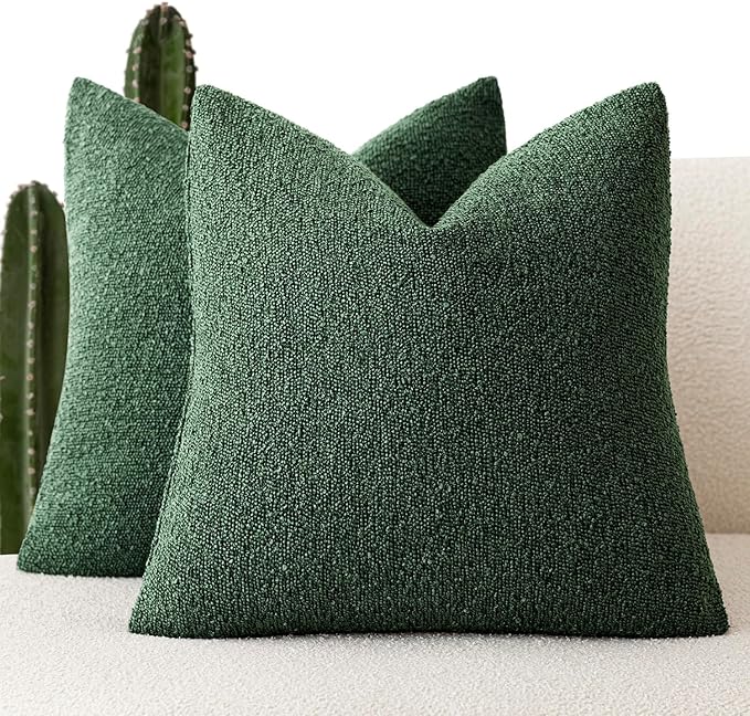 Foindtower Set of 2, Decorative Textured Boucle Throw Pillow Covers Accent Solid Pillow Cases Neutral Cozy Couch Cushion Case for Chair Sofa Bedroom Living Room Home Decor 26x26 Inch Pine Green