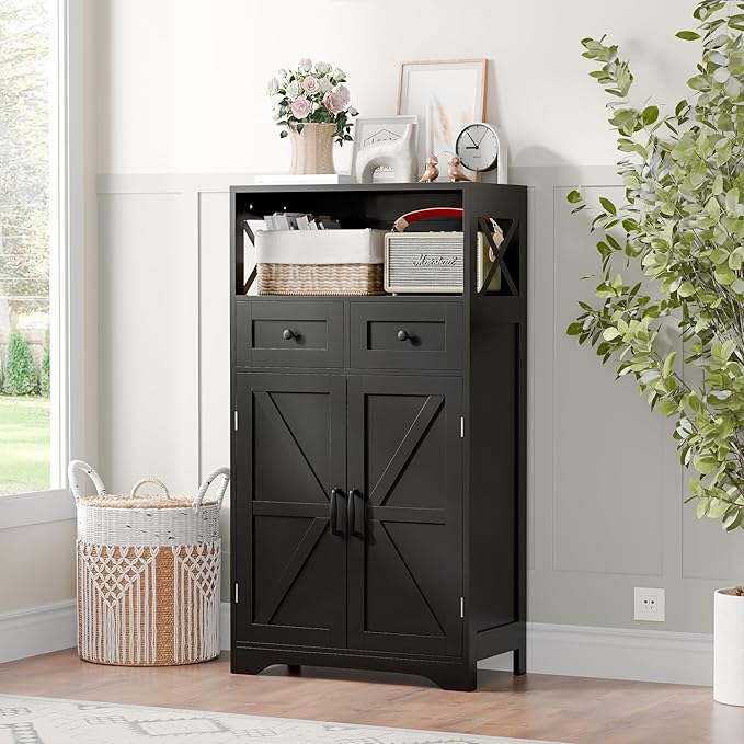 SUPER DEAL Farmhouse Storage Cabinet, Bathroom Floor Cabinet Kitchen Pantry with Doors and Drawers, Hutch Cupboard for Living Room, Bedroom, Laundry, Black