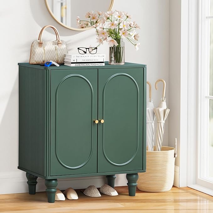 ORRD Fluted Storage Cabinet, Modern Credenza Wooden Accent Sideboard Buffet Cabinet with Adjustable Shelves and Solid Wood Legs, Console Table for Kitchen Dining Living Room Entryway, Green