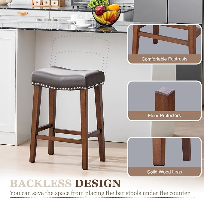 PrimeZone Counter Height Bar Stools Set of 2 - Backless Saddle Barstools with 4.3" Thick Upholstered, Nailhead Trim Faux Leather & Solid Wood Legs, 26 Inch Counter Stools for Kitchen Island, Brown