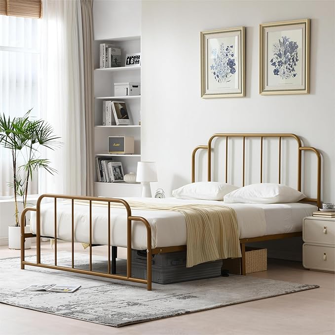 PINJU Metal Platform Bed Frame with Headboard and Footboard, Classic Style, Sturdy Metal Slats, No Box Spring Needed, Easy Installation (Gold, Queen)