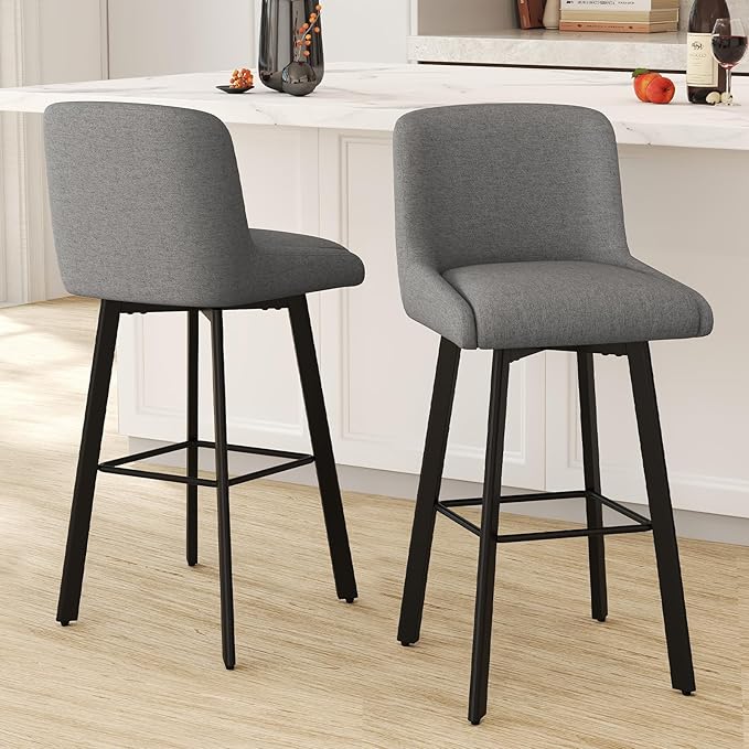 Swivel Bar Stools Set of 3, 30''H Upholstered Barstools with Backs, Modern Counter Height Bar Stool Chairs for Kitchen Island, Metal Legs, Fabric, Gray Counter Stools