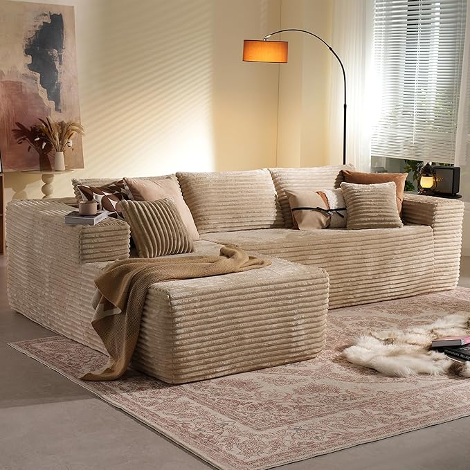 106" Cloud Sectional Couch with Chaise Lounge,L Shaped Modular Modern Sofa,Comfy Corduroy Fluffy Couches with Deep Seat,No Assembly Required Couch for Living Room(Left,Plush Corduroy,Beige)