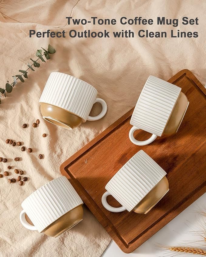 Ceramic Coffee Mugs with Stand,15 Oz Stackable Coffee Cups Set of 4 for Latte,Milk,Tea,Gift for Thanksgiving Christmas Housewarming,Dishwasher & Microwave Safe,White Patchwork Color