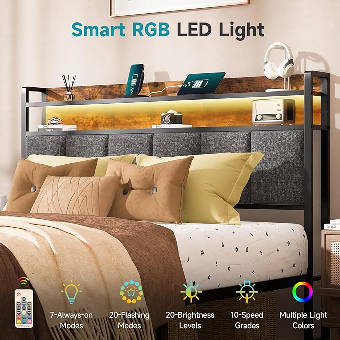 Z-hom Queen Bed Frames, Queen Bed Frame with 2-Tier Storage Upholstered Headboard, Metal Platform with USB Charging Station & LED Lights, Noise Free, No Box Spring Needed, Easy Assembly, Vintage Brown