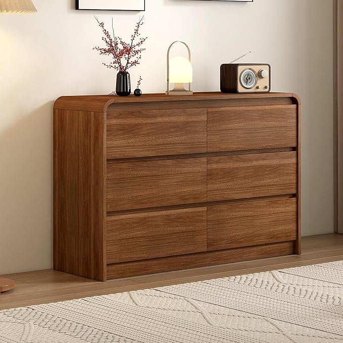 6 Drawer Dresser For Bedroom 55 Inch Wood Chest of Drawers - Curved Anti Collision, Mid Century Dresser For Closet with Natural Texture & Pre-Embedded Slots for TV Stand, Living Room, Nursery