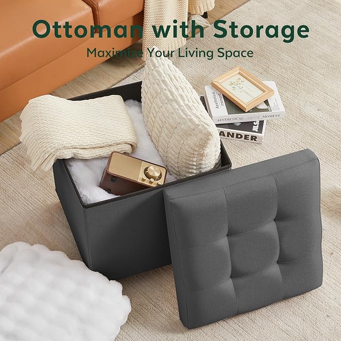 17.7" Ottoman with Storage, Square Storage Ottoman for Dorm, Linen Ottomans with Legs for Living Room, Bedroom, Gray