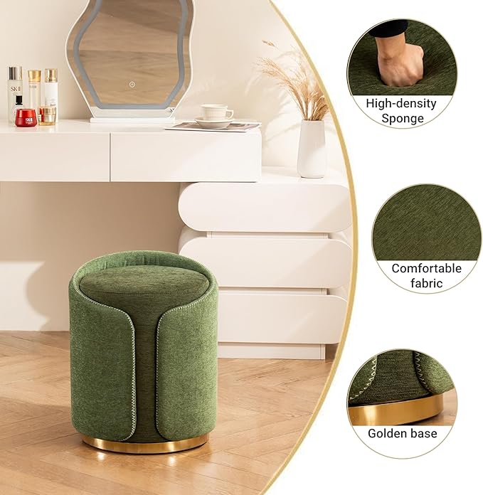 Swivel Vanity Stool with Gold Base Comfy Vanity Chair Modern Round Stool for Makeup Vanity Ottoman Foot Rest for Bedroom livingroom (Green)