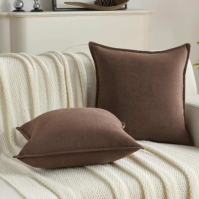 FUTEI Brown Chenille Throw Pillow Covers 20x20 Inch Set of 2,Edges Double-Stitched Cushion Cases,Modern Home Decor for Couch Living Room