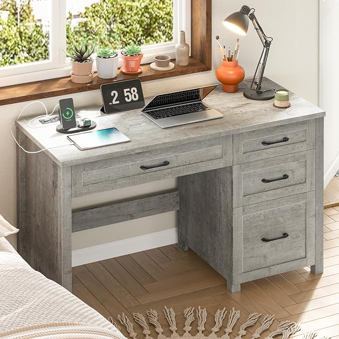 Vabches Farmhouse 47" Executive Desk with 4 Drawers, Computer Desk with File Drawer and Charging Station, Workstation for Home Office, Study.（Grey）