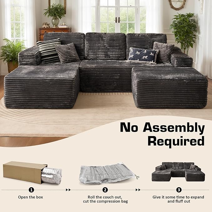 106" Cloud Sectional Couch with L-Shape Chaise & Ottoman, No Assembly Modular Sofa, Deep Seat Plush Corduroy Boneless Couched for Living Room (Gray Plush Corduroy, Left Facing Chaise with Ottoman)