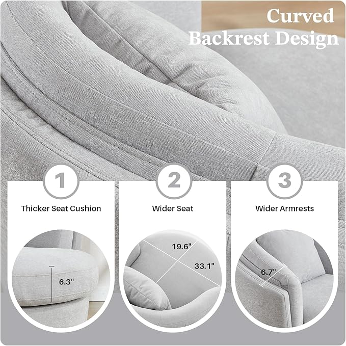 Swivel Accent Chair, 360 Degree Round Swivel Barrel Chair with Pillow, Widened Upholstered Chenille Barrel Armchair for Living Room Bedroom Reading Room, Light Gray