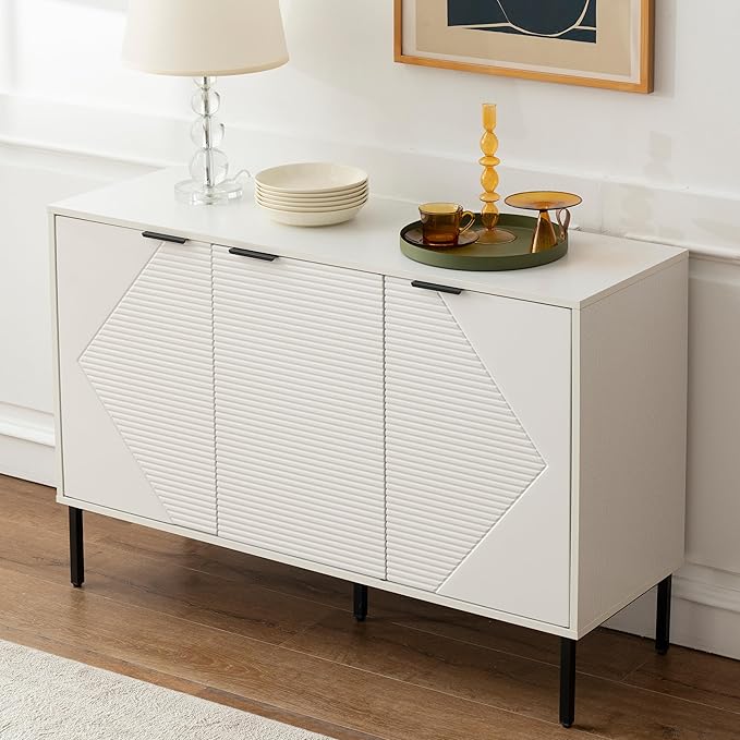 Kitchen Buffet Storage Cabinet Set of 2, Modern 3 Door Coffee Bar with Shelves, Wooden Fluted Entryway Cabinet for Dinning Room, Living Room (2, Embossed White)