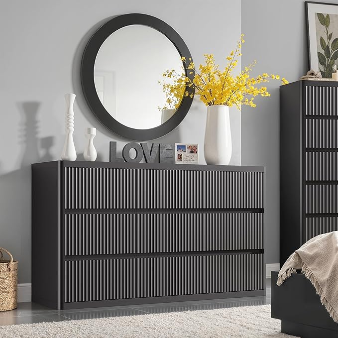 Black 9 Drawers Dressers for Bedroom, 57" Large Chest of Drawers with Handleless, Curved Profile, Modern Flute Dresser TV Stand, Wooden Closet Clothes Storage Organizer for Living Room