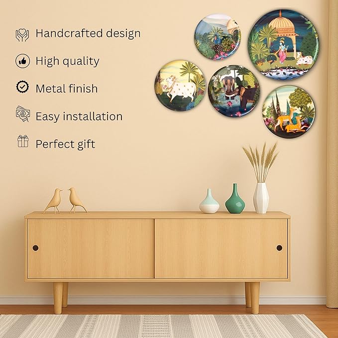 RITUALISTIC Dwarka Pichwai Wall Plates for home decoration & living room | Metal Wall décor | Gift items for unisex |wall art | wall showpiece| Home Décor Christmas Gift Items | Set of 5 plates