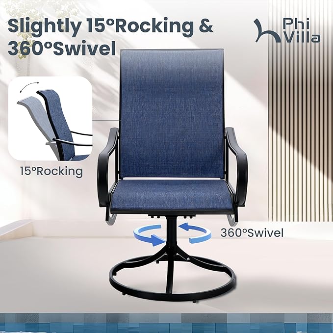 PHI VILLA Patio Swivel Dining Chairs Set of 6, All Weather Outdoor Chair with Textilene Mesh Fabric & Black Metal Frame for Outdoor Lawn Garden Poolside (Blue)